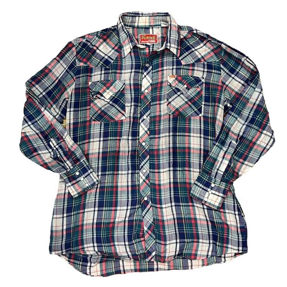 Vtg Ely Plains‎ Men's Vintage Plaid western Long Sleeve Shirt Pearl Snap 16.5
